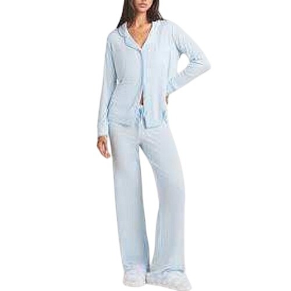 SKIMS Soft Lounge Sleep Set Women 2X Blue Ribbed Long Sleeve Button Front